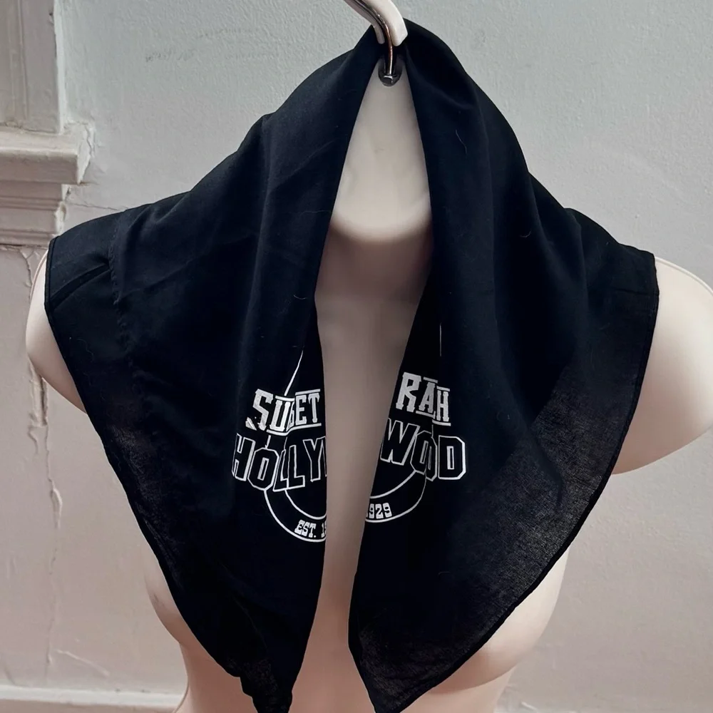 Sunset Ranch Hollywood Black Bandana with White logo Print, size 21x21 cotton